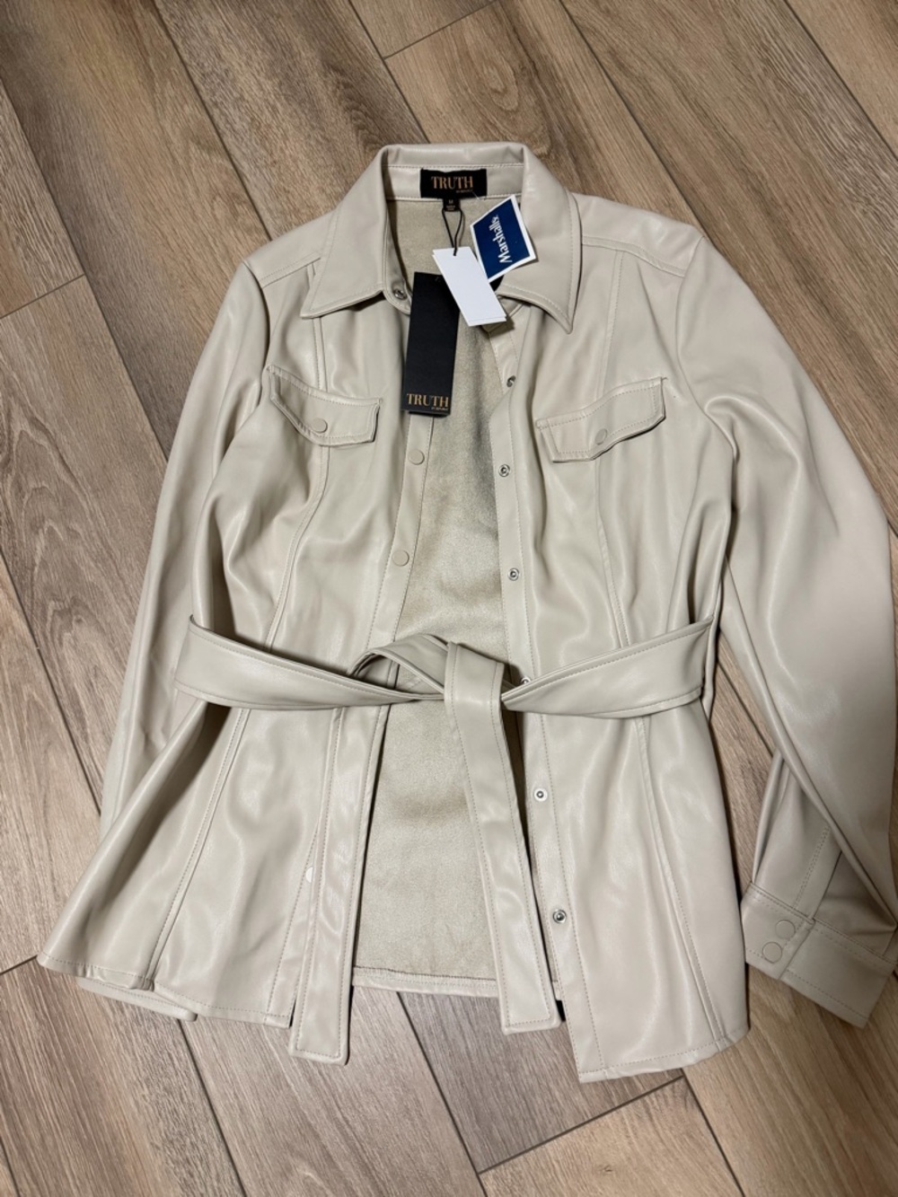 TRUTH Cream Leather Belted Shirt-Style Jacket